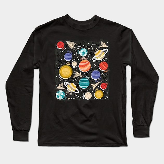 Paper space adventure II // illo // black background multicoloured solar system paper cut planets origami paper spaceships and rockets Long Sleeve T-Shirt by SelmaCardoso